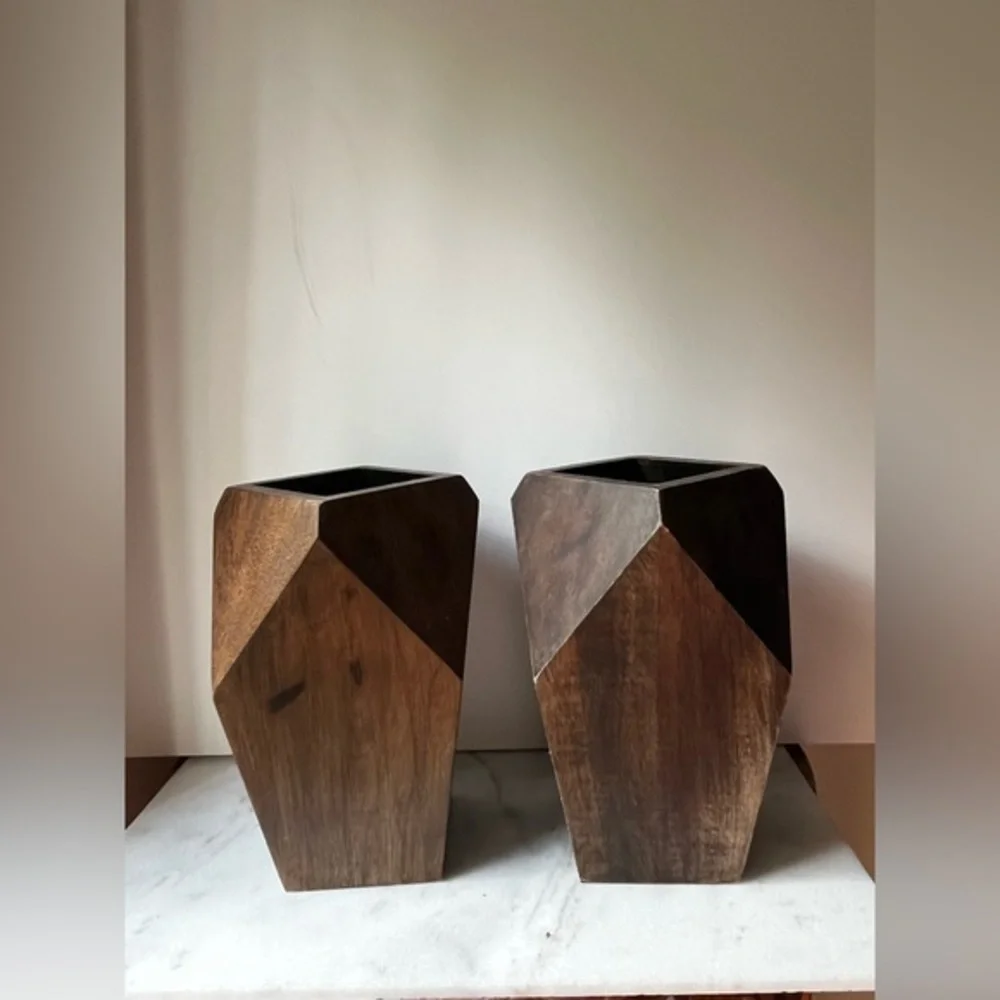 Wood Vase/Planter Geometric Mid Century Design Boho minimalist 11.6” set 2…